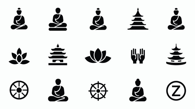 Collection of clean minimalist black and white icons representing buddhism spirituality meditation and zen concepts featuring buddha statues pagodas lotus flowers dharma wheels