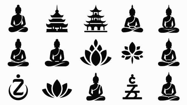 Serene collection of buddhist icons and lotus flowers in a grid layout representing spirituality meditation enlightenment and zen ideal for wellness and yoga branding minimalist