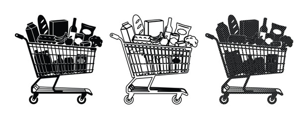 Black and white shopping cart vector set, grocery trolley full of food products, supermarket retail icons in outline and silhouette styles © ArsiStudio