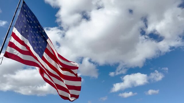 Seamless Loop of American Flag Waving with Copy Space Against Blue Sky