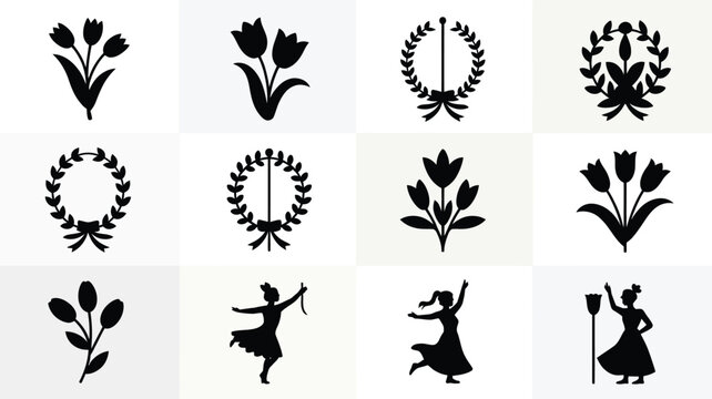 Elegant black silhouettes of may day celebration symbols including tulips laurel wreaths and dancing figures presented on a clean white and light grey grid background perfect