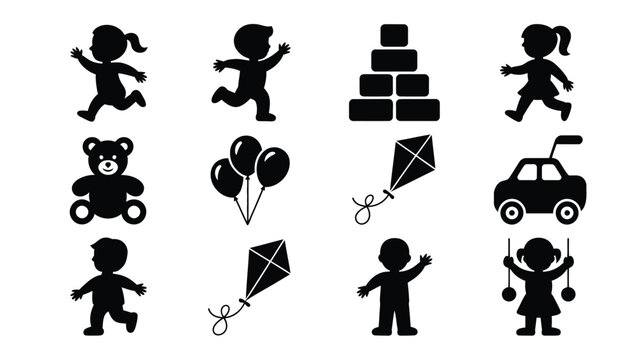 Collection of playful black silhouette icons representing childhood joy and activities including running children toy bear balloons kite toy car building blocks and swing perfect