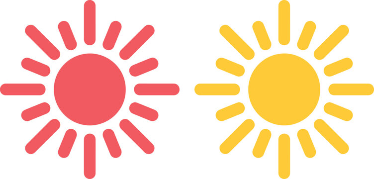 Minimalist sun icons in red and yellow, flat vector sunburst symbols for weather forecasting, modern solar energy graphic elements for web design