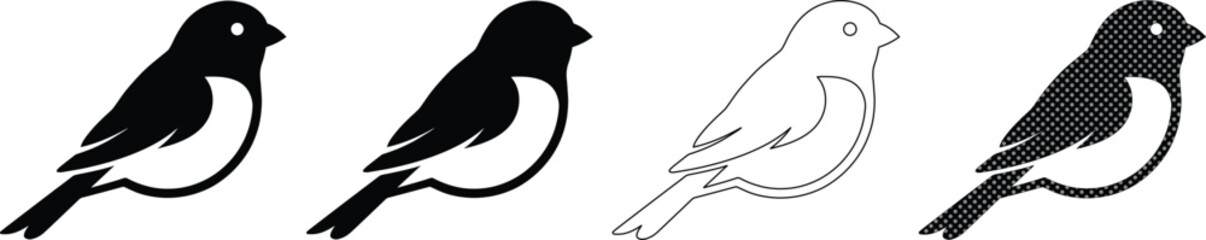 Minimalist bird icon set, black and white sparrow silhouettes, simple songbird vector illustrations, 4 avian graphic elements for logo design © ArsiStudio