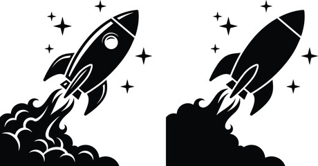 Retro rocket ship launch vector icons, vintage space shuttle flying with smoke trail, black and white spaceship silhouette set for startup branding © ArsiStudio