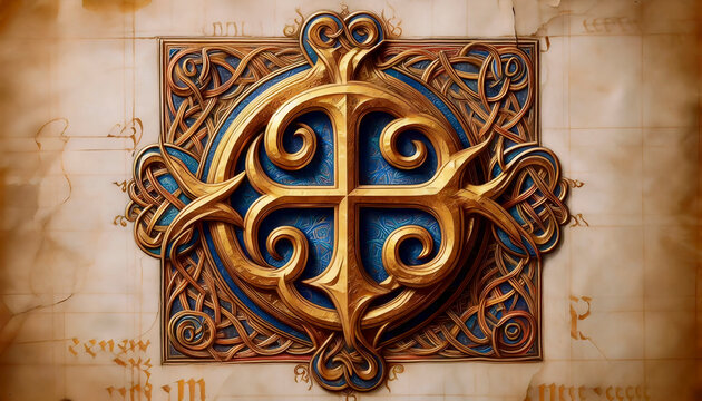 Illuminated manuscript page with Chi Rho monogram, Ai generated image
