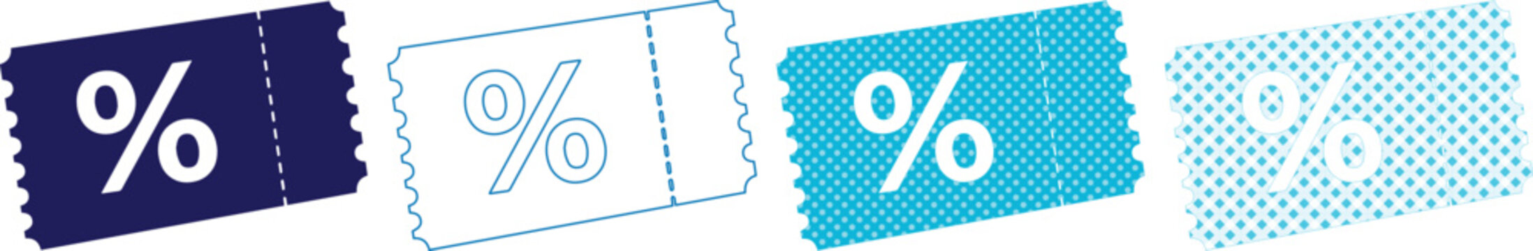 Discount coupon vector set, blue percentage ticket icons for shopping sales, promotional voucher collection for retail marketing and e-commerce