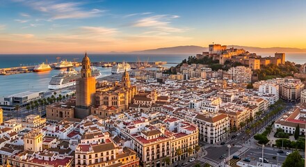Fototapeta premium Coastal cityscape with harbor buildings sea and sky at sunset