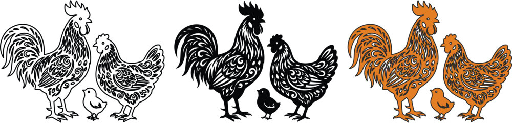 Intricate zentangle rooster and hen family vector, ornate folk art chicken illustrations, decorative poultry silhouettes with floral patterns © ArsiStudio