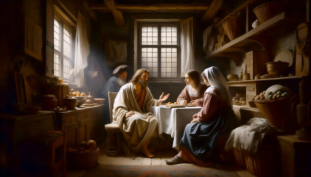 Christ in the home of Martha and Mary, Dutch Golden Age style, Ai generated image