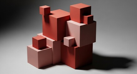 Naklejka premium Abstract sculpture of stacked red and pink geometric cubes with dramatic lighting.
