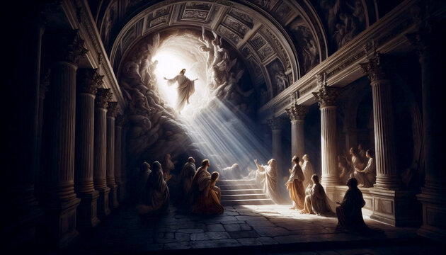 The resurrection of Lazarus in a crypt interior, Ai generated image