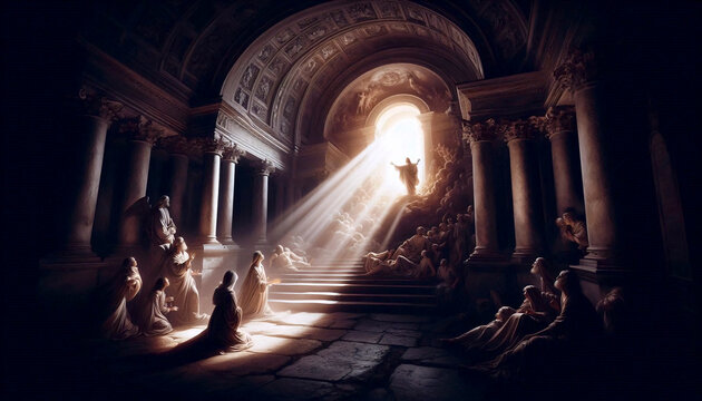 The resurrection of Lazarus in a crypt interior, Ai generated image