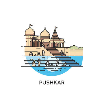 Colorful vector illustration of Pushkar Rajasthan temple town with pilgrims and holy lake