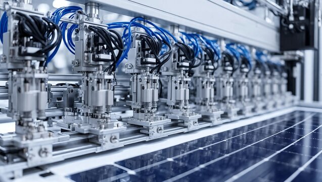 Industrial machine assembling solar panels with robotic arms and blue and black wires in a factory production line