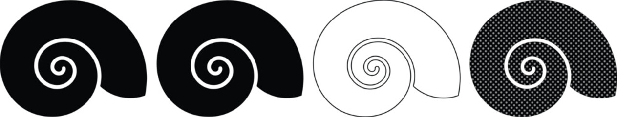 Minimalist spiral seashell vector icons, black and white nautilus shell silhouettes, set of 4 ammonite snail shell line art symbols for beach branding © ArsiStudio