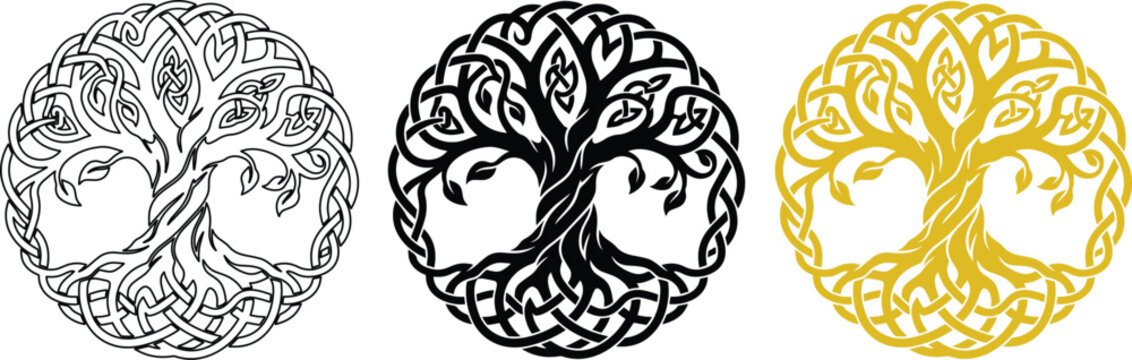 Celtic tree of life vector set, mystical Yggdrasil symbol with knotwork roots and branches, gold and black circular nature emblems for logo design