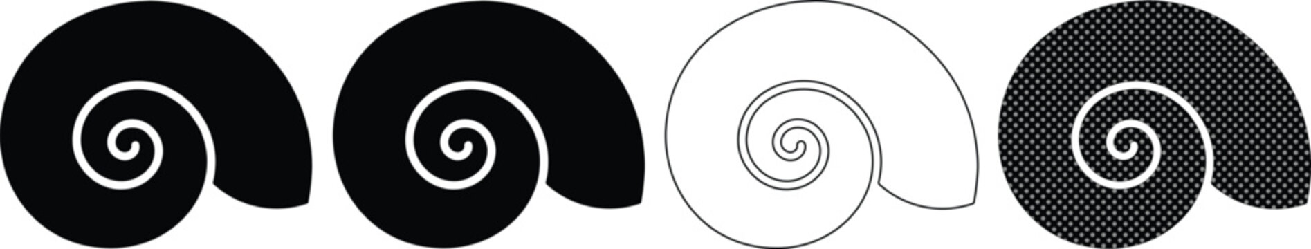 Minimalist spiral seashell vector icons, black and white nautilus shell silhouettes, set of 4 ammonite snail shell line art symbols for beach branding