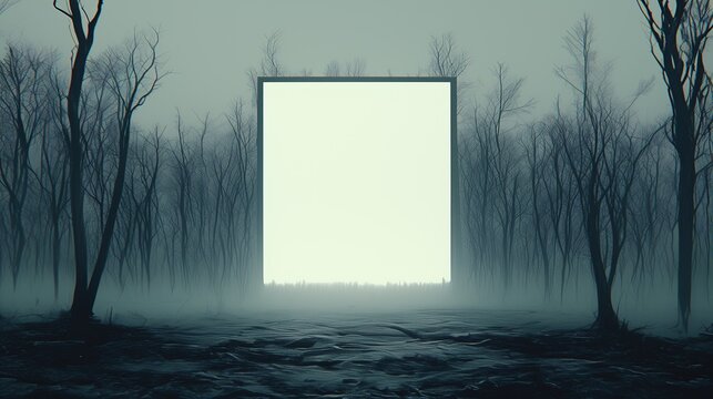 Surreal atmospheric landscape with misty bare trees and glowing rectangular portal, ideal for mysterious fantasy backgrounds, eerie digital projects, cinematic templates, a stranger world