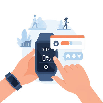 Vector illustration of hands holding a smartwatch displaying a zero percent step counter goal, featuring jogging figures, progress bar notification, and fitness tracking icons.