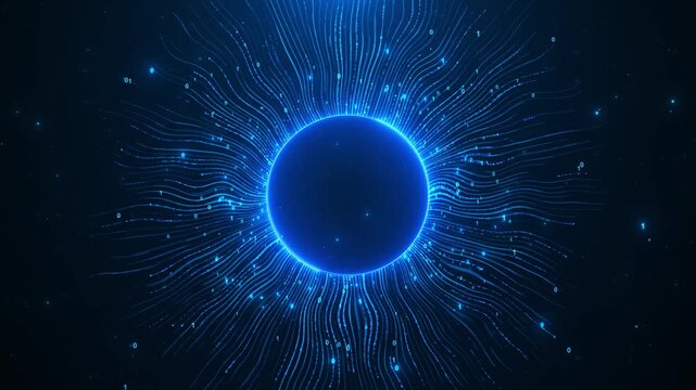 Blue binary sphere data background glowing circular core, flowing code lines, dark digital space. AI videos, cyber security intros, software screens, data dashboards, network promos, tech overlays.