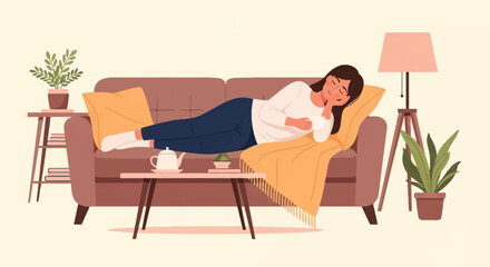 Obraz premium Vector illustration of a young woman resting on a brown sofa in a cozy living room, holding a mug, covered with a yellow blanket, with a coffee table, lamp and potted plants.