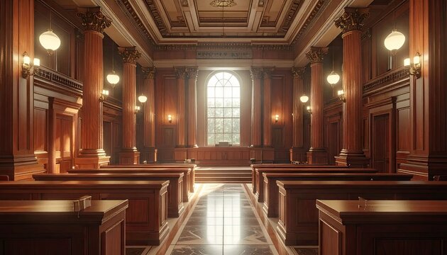 Elegant courtroom interior with wood paneling columns and large window