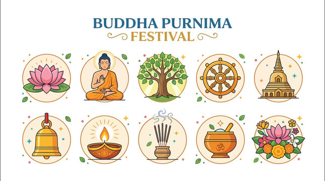 Buddha Purnima Festival Symbols with Lotus Buddha Bodhi Tree Dharma Wheel and Stupa
