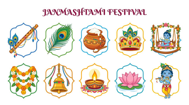 Krishna Janmashtami Symbols with Flute Peacock Feather Diya Lotus Crown and Butter Pot