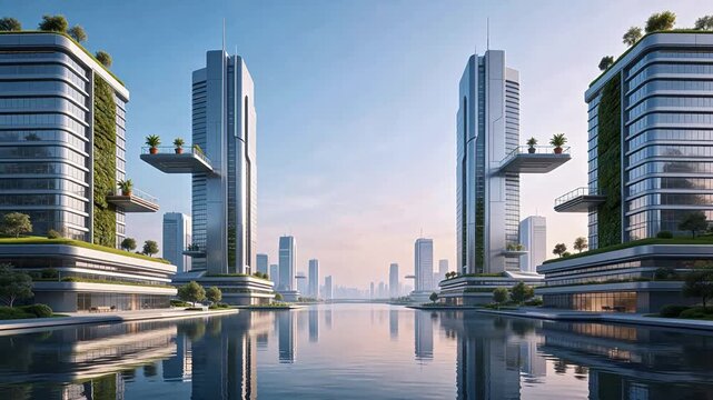Futuristic cityscape with green buildings