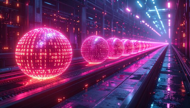 デジタル工場のコンベアに2進数コードが輝くピンクの球体が整列する未来的なデータ製造の概念