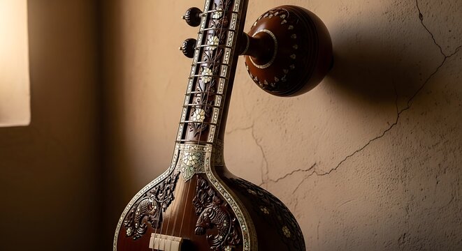 Close up of a decorative sitar instrument with detailed carvings on wall
