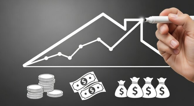 Hand line graph with money symbols on blackboard marker money bags coins