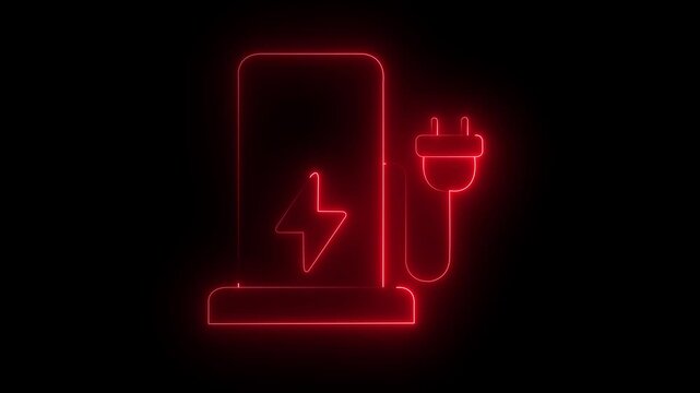 Glowing neon electric station animation icon. Modern electric smart charging station Motion Animation. charging station icon with neon energy, sign on a black background