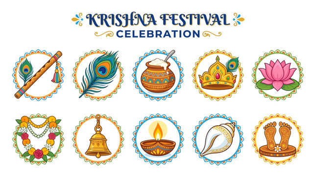 Krishna Festival Symbols with Flute Peacock Feather Lotus Lamp and Conch for Celebration