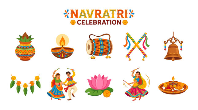 Navratri Celebration Symbols with Diya Dhol Dandiya Dancer Lotus Kalash and Bell
