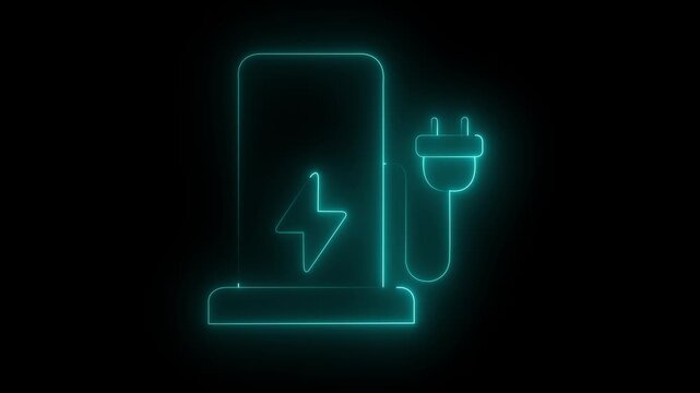 Glowing neon electric station animation icon. Modern electric smart charging station Motion Animation. charging station icon with neon energy, sign on a black background