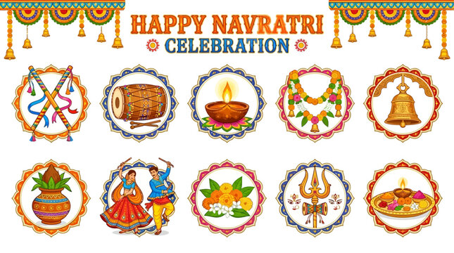 Navratri Celebration Symbols with Dandiya Diya Drum Garland and Goddess Worship Items