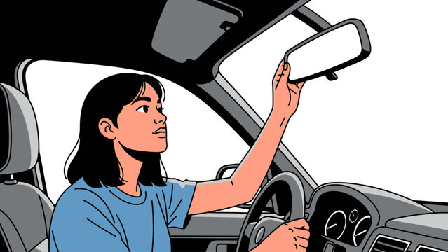 Young woman adjusting rearview mirror in car.
