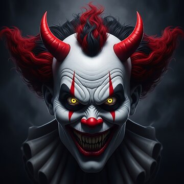 Sinister Clown with Horns - A Terrifying Portrait of Evil.