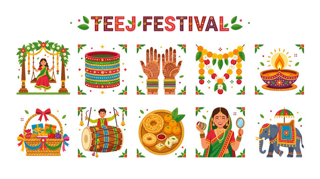 Teej Festival Celebration with Swing Henna Hands Bangles Diya Food and Decorated Elephant