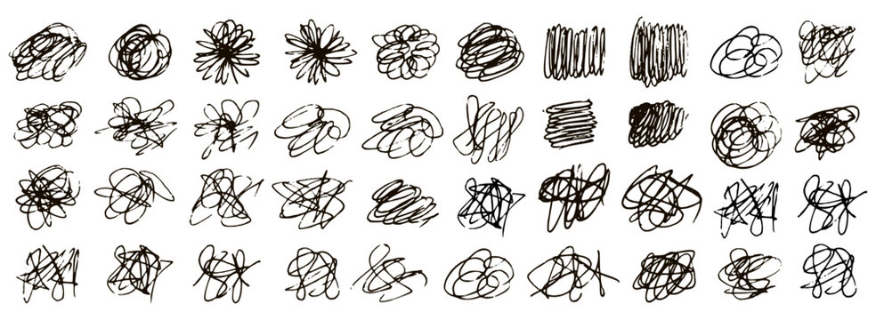 Pen Pencil Scribble Scratch Font Texture with Random Squiggle Circle Tangle. Abstract Doodle Pattern Set. Irregular Curve Stroke and Random Dot Scatter. Dirty Texture Background. Sketchy Ink Element