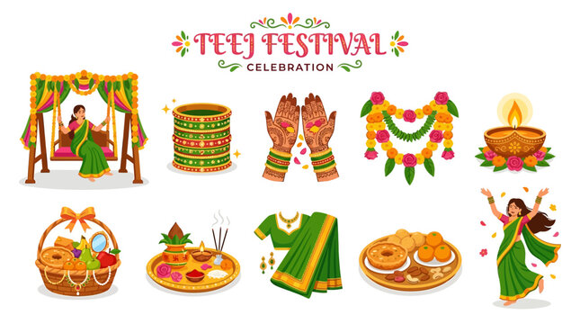 Teej Festival Celebration with Swing Mehndi Bangles Diya Sari and Traditional Food