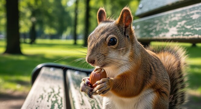 Close-up photorealistic view of a squirrel eating a nut on a weathered park bench, soft morning light, macro details, natural bokeh_1.jpeg