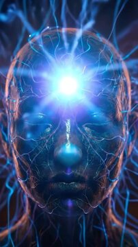 Humanoid Head With Energetic Brain Connections. Suitable For Themes Of Consciousness, Technology, Meditation, Science, And Artificial Intelligence.