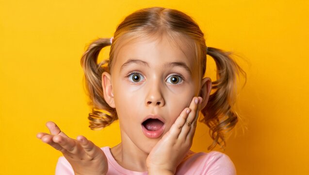 A young girl with pigtails and a surprised expression on her face against a bright yellow background, conveying a sense of excitement and curiosity.