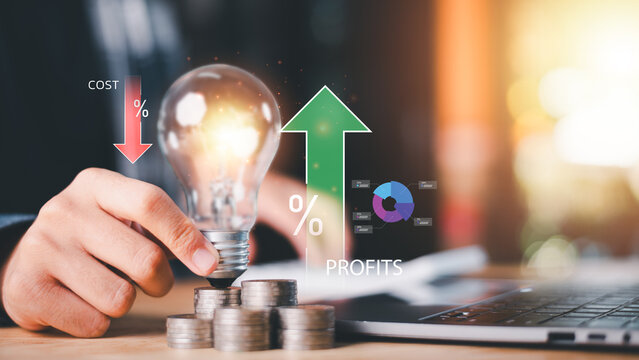 business strategist analyzes innovative idea boost profit growth reducing costs, leveraging financial planning, investment strategy, revenue optimization, economic efficiency, data analytics insights