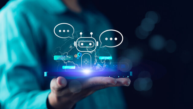 customer support specialist delivers smart digital customer support using AI chatbot, real time interaction, messaging systems, virtual assistant, seamless communication to improve customer experience