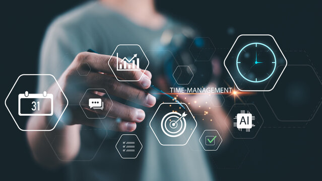 Project manager leveraging smart time management with AI for task scheduling, productivity optimization, deadline tracking, workflow automation, efficiency planning, digital business strategy