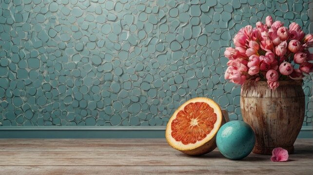 Pink flowers grapefruit blue orb wooden vase wooden table